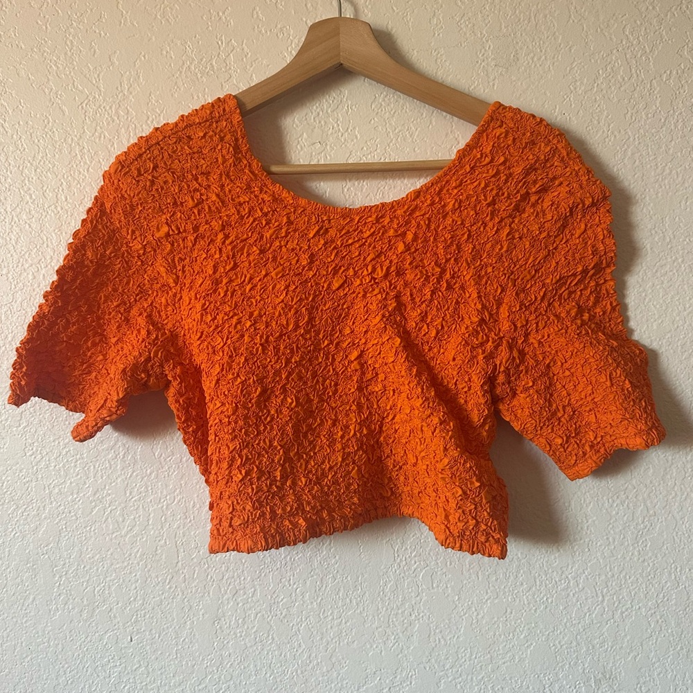 Ganni Cotton Poplin O Neck Shirred Crop Top in Orange - Size 44 XL - Picture 4 of 10